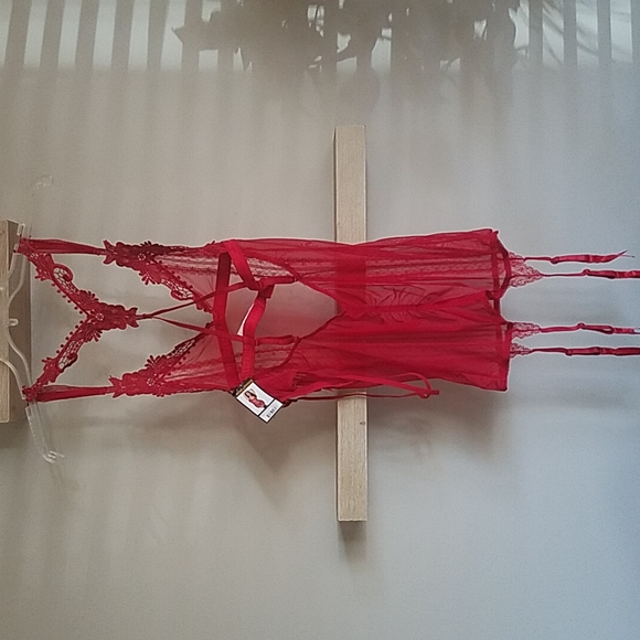 NWT Ooh La La Cheri Red Lace Mesh Gartered Chemise Set - Picture 3 of 8